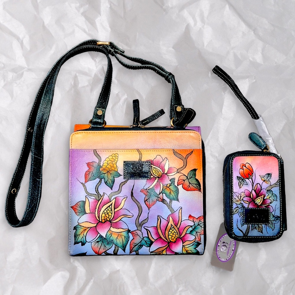 Original by Sharif Hand Painted Leather Bird Floral Crossbody & Wallet - Picture 2 of 14